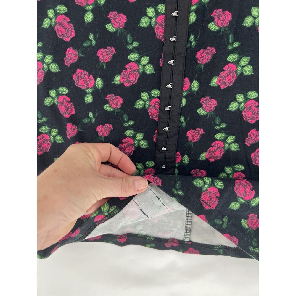 Betsy Johnson Rose Print Bodycon Dress Small Black Pink Floral Puff Sleeve Midi - Picture 5 of 13